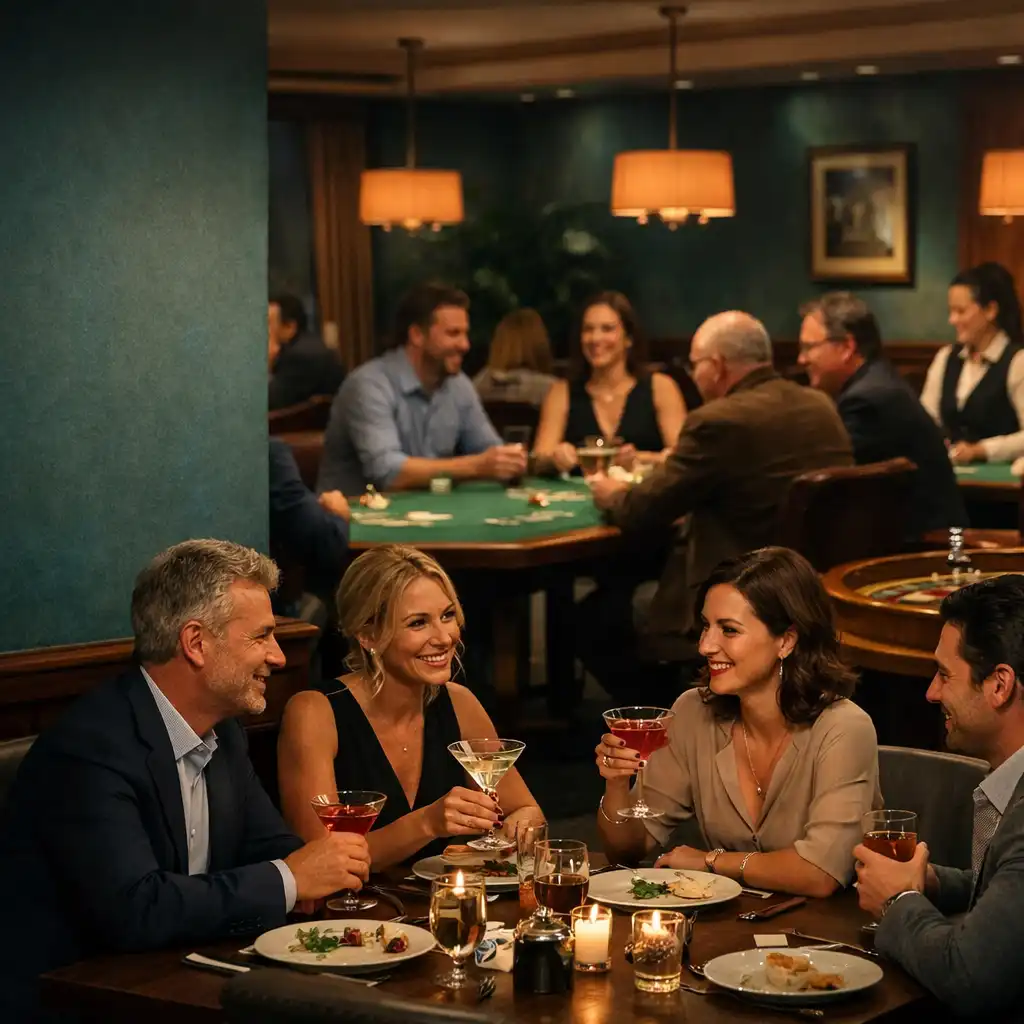 Goście kończący kolację i rozmawiający w eleganckim Casino Lounge.