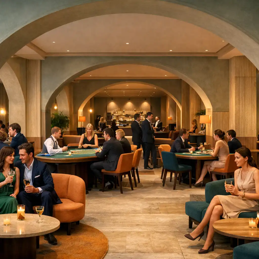 Szerokie wnętrze Casino Lounge z łukami, lounge seating i dyskretnymi fizycznymi stołami