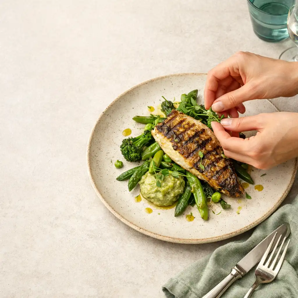 Autorskie danie z grillowaną rybą, sezonowymi warzywami i sosem w FlavorAndDish w Warszawie