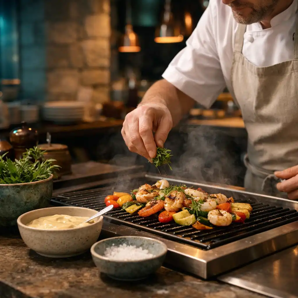 Kucharz przy grillu w otwartej kuchni FlavorAndDish w Warszawie