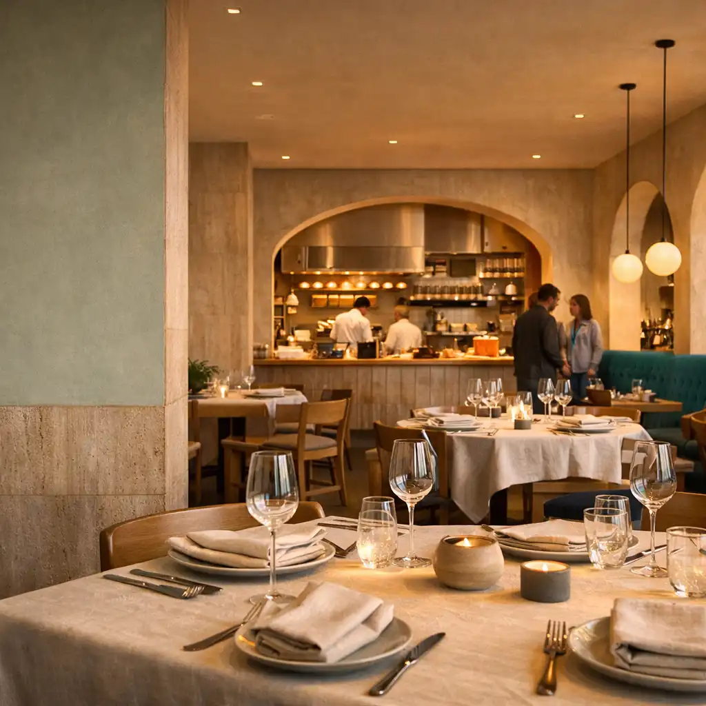 Jasna sala restauracyjna z nakrytymi stołami, lnem, ceramiką i trawertynem.