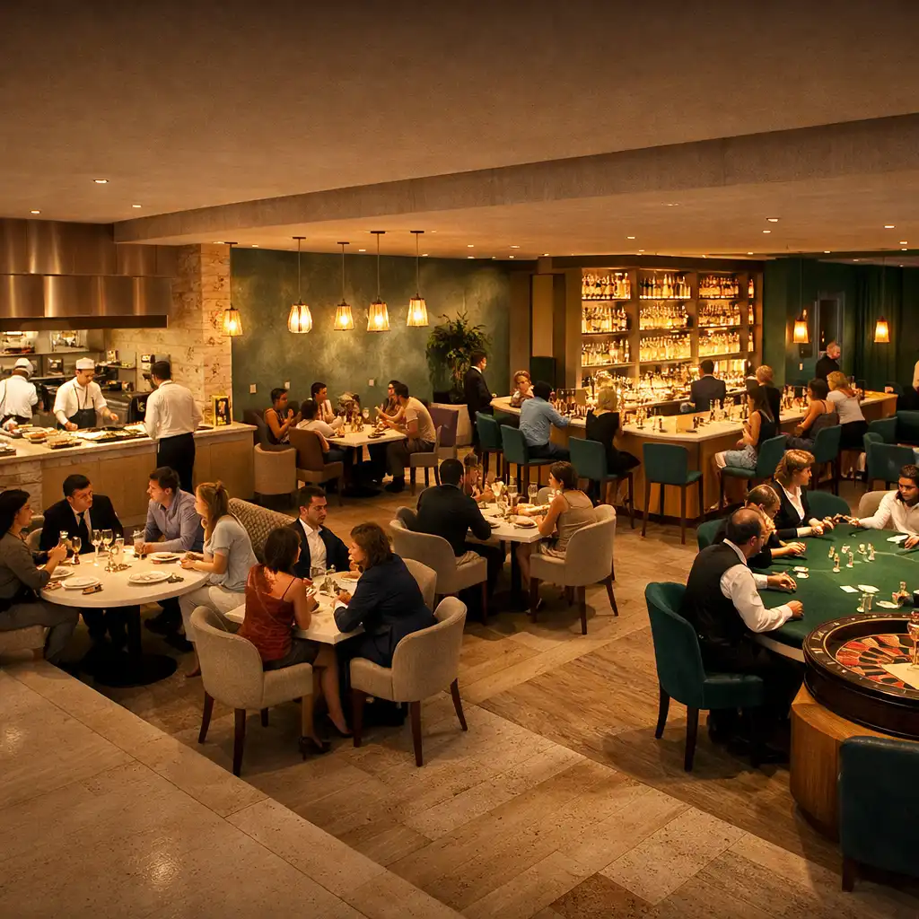 Wieczorna przestrzeń FlavorAndDish łącząca otwartą kuchnię, restaurację, bar i lounge.