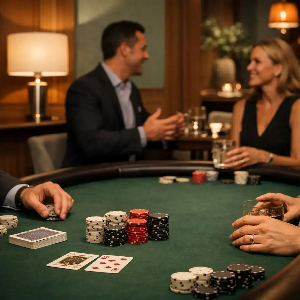 Fizyczny stół pokerowy z zielonym filcem, kartami i dłońmi gości w Casino Lounge