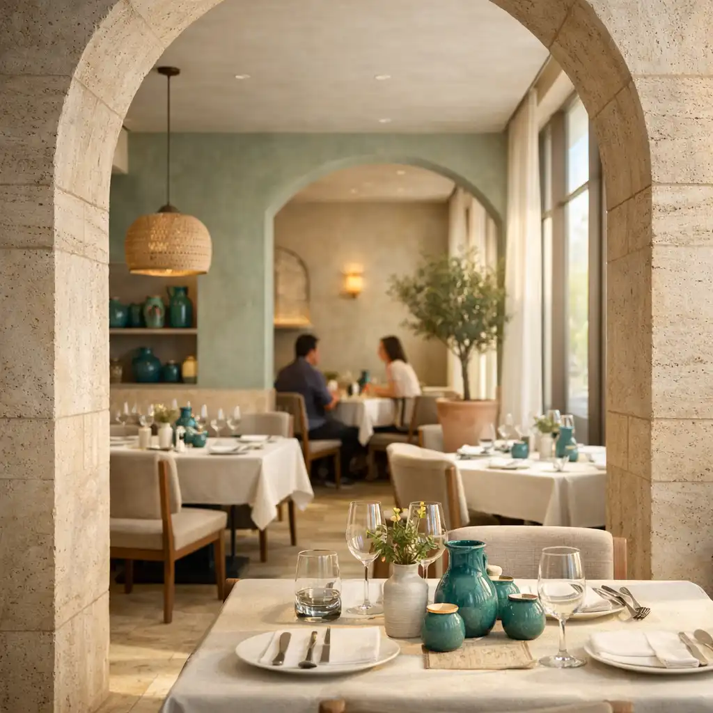Jasne wnętrze restauracji FlavorAndDish z architektonicznym łukiem i nakrytymi stołami