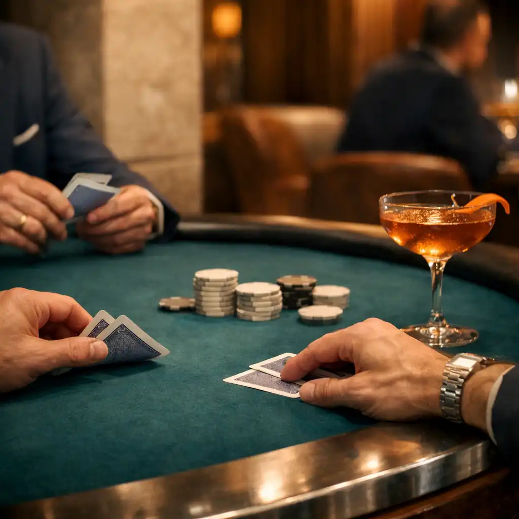 Dłonie dorosłych gości przy fizycznym stole pokerowym, z kartami, neutralnymi żetonami i koktajlem