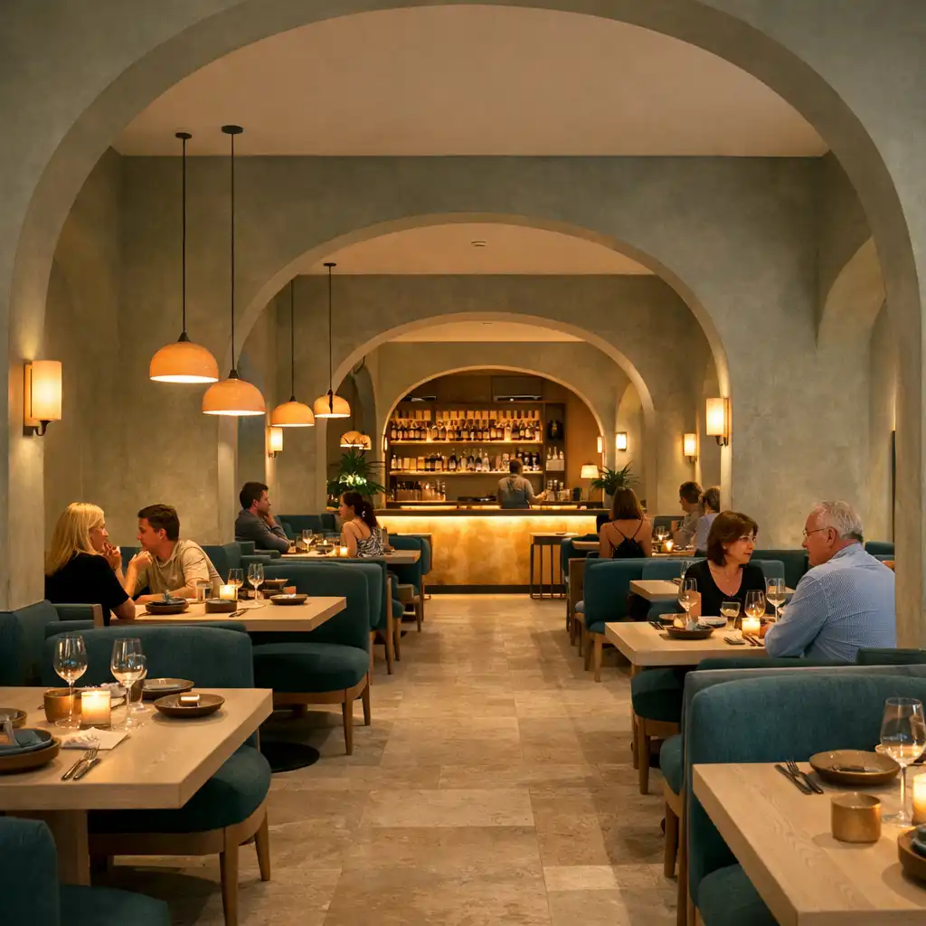 Sala restauracyjna FlavorAndDish z barem i stołami przygotowanymi na wieczór