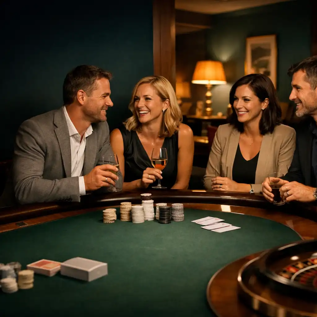 Goście rozmawiają przy fizycznym stole w wieczornym Casino Lounge FlavorAndDish