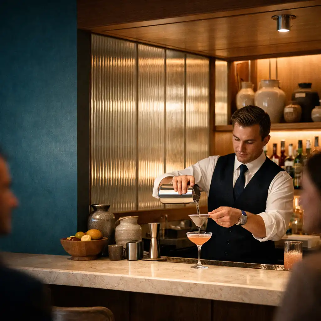 Barman przygotowujący koktajl przy jasnym kamiennym blacie w wieczornym wnętrzu Cocktail bar