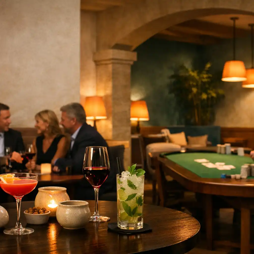 Wieczorna rozmowa gości przy stoliku z winem i koktajlami, z dyskretnym przejściem do fizycznej rozrywki przy stole w Casino Lounge