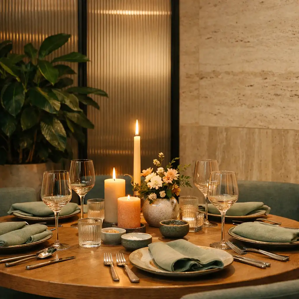 Kameralny okrągły stół w Private dining z ceramiką, lnianymi serwetami i rośliną przy ryflowanej szklanej przegrodzie